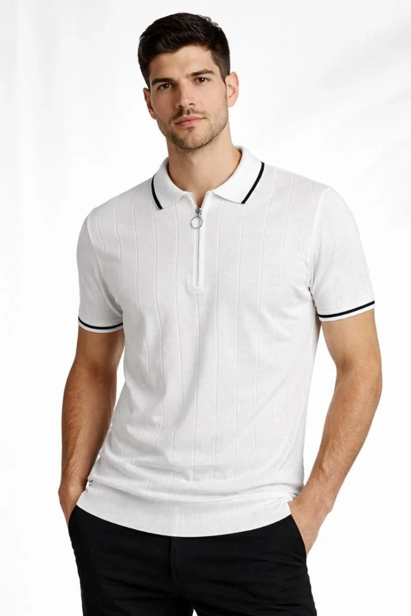 Erkek Triko Tişört Fermuarlı Polo Yaka Kısa Kol T-Shirt 3’lü Set Bej-Beyaz-Siyah