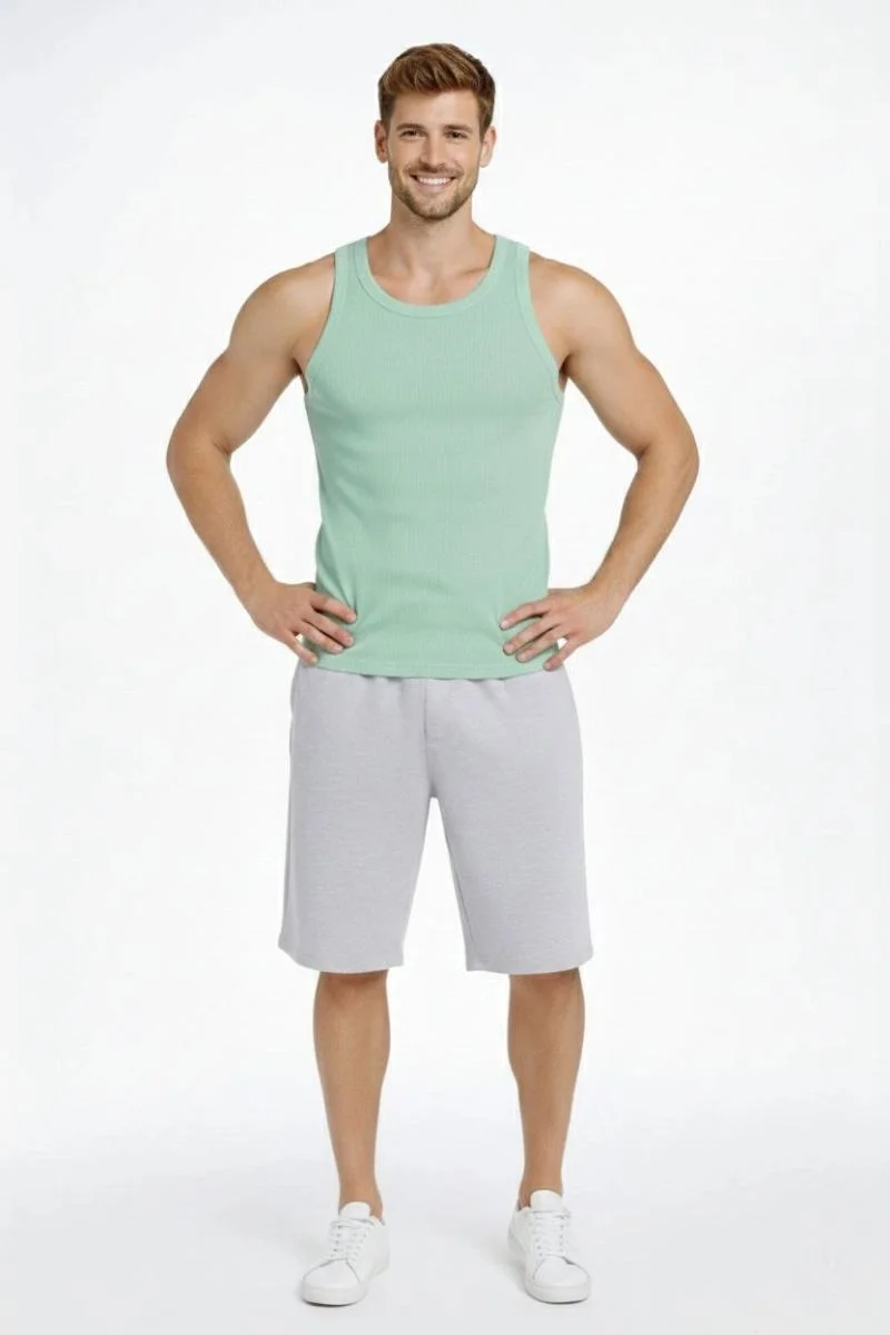 Erkek Fitilli Atlet Sıfır Yaka Slim Fit Arka Baskılı Spor Atlet - Mint Yeşili