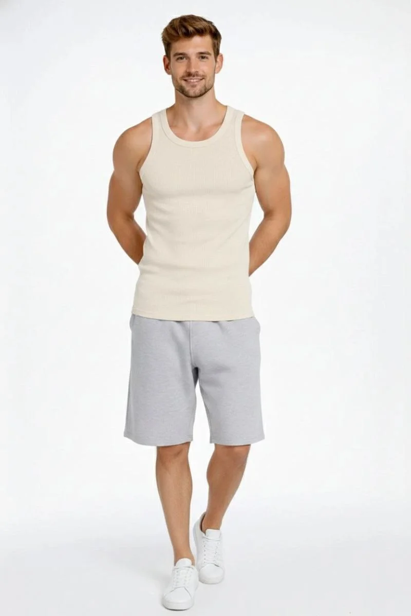 Erkek Fitilli Atlet Sıfır Yaka Slim Fit Arka Baskılı Spor Atlet - Krem