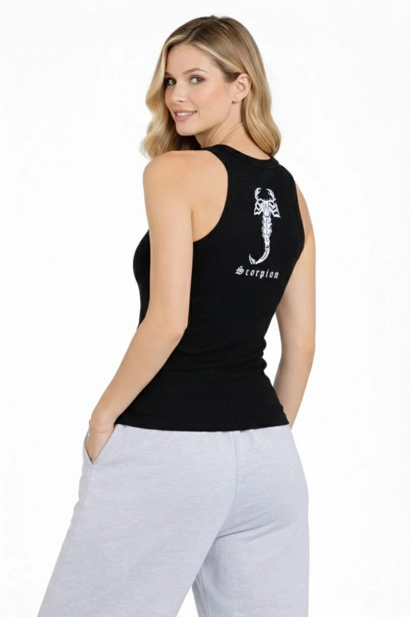 Kadın Fitilli Atlet Sıfır Yaka Slim Fit Arka Baskılı Spor Atlet - Siyah