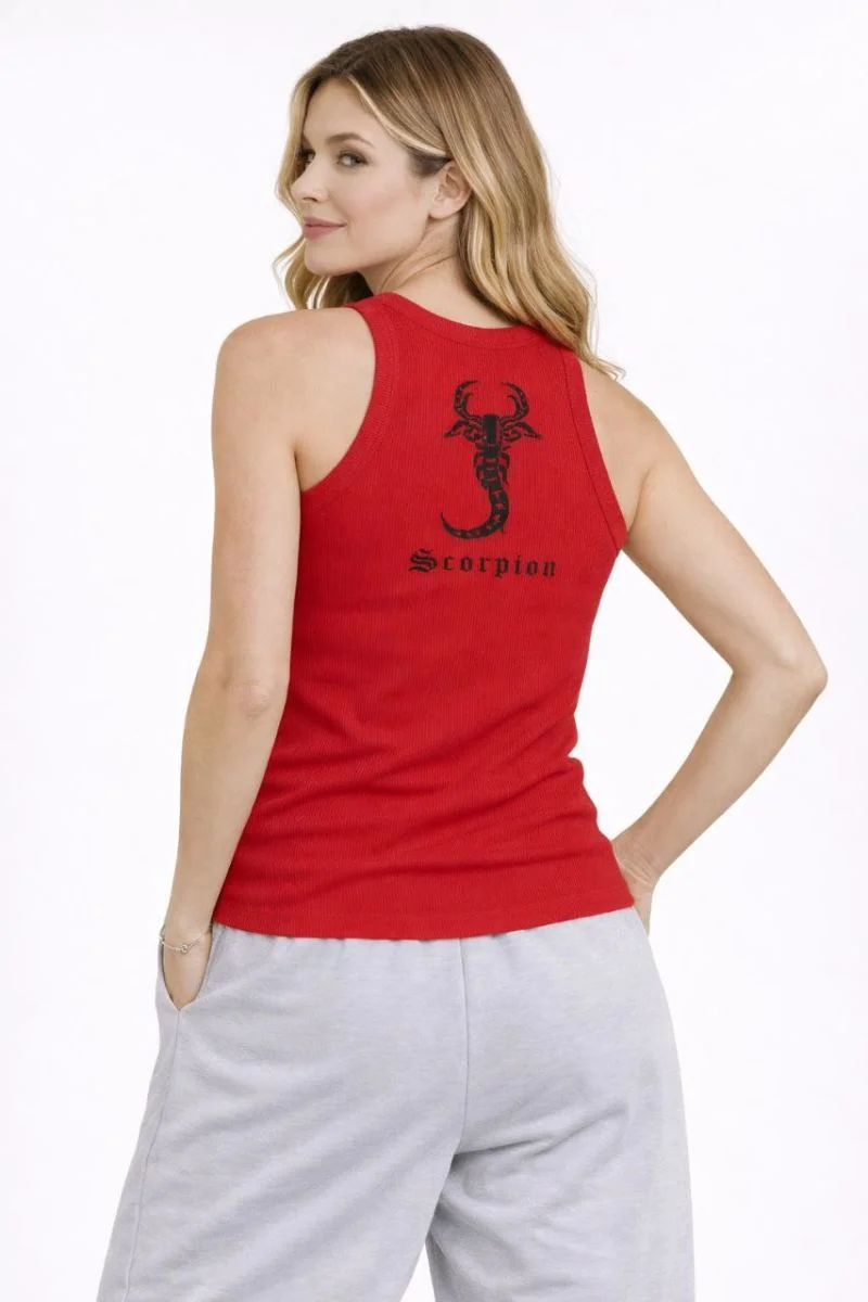 Kadın Fitilli Atlet Sıfır Yaka Slim Fit Arka Baskılı Spor Atlet - Kırmızı