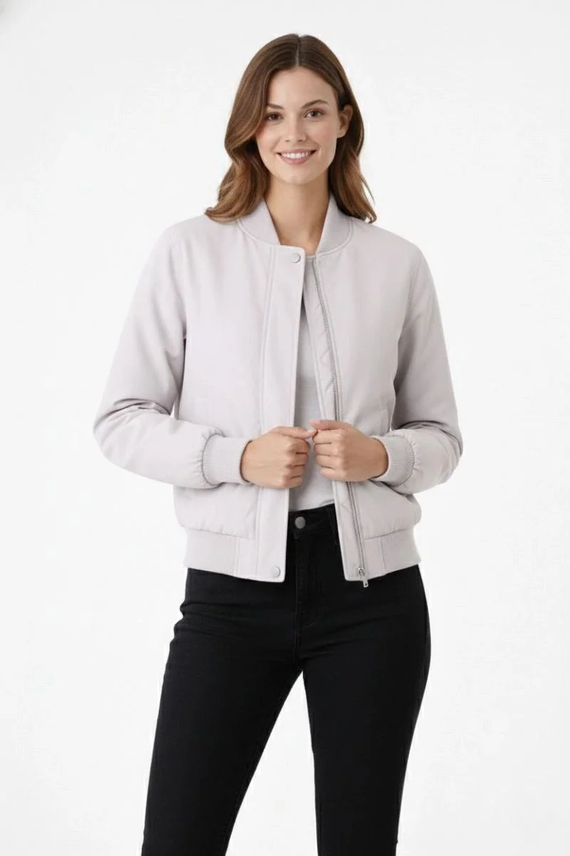 Kadın Premium Bomber Ceket Çıtçıt Kapamalı, Astarlı, Regular Fit Mont - Beyaz