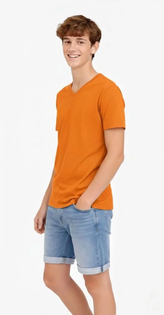 Genç Erkek Çocuk V Yaka Tişört Model - Turuncu
