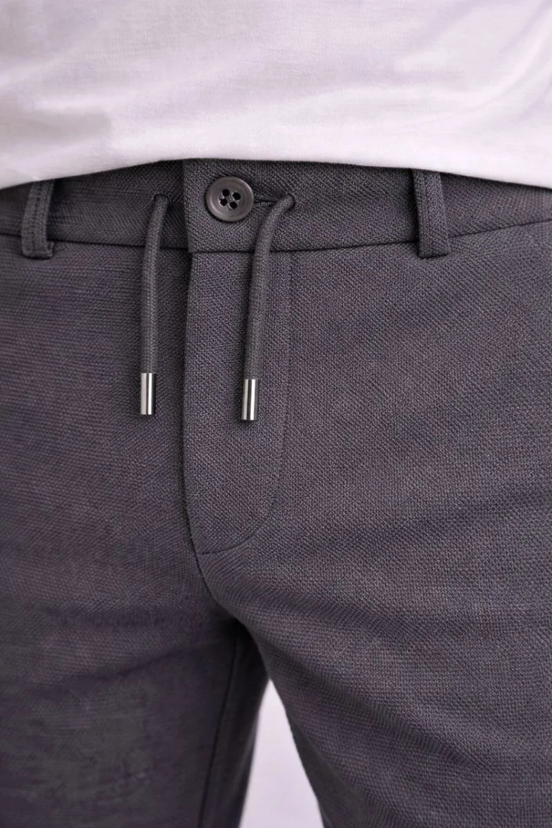 Erkek Diagonel Mikro dokulu Duble Paça Cepli Pantolon, Modern Kesim - Füme