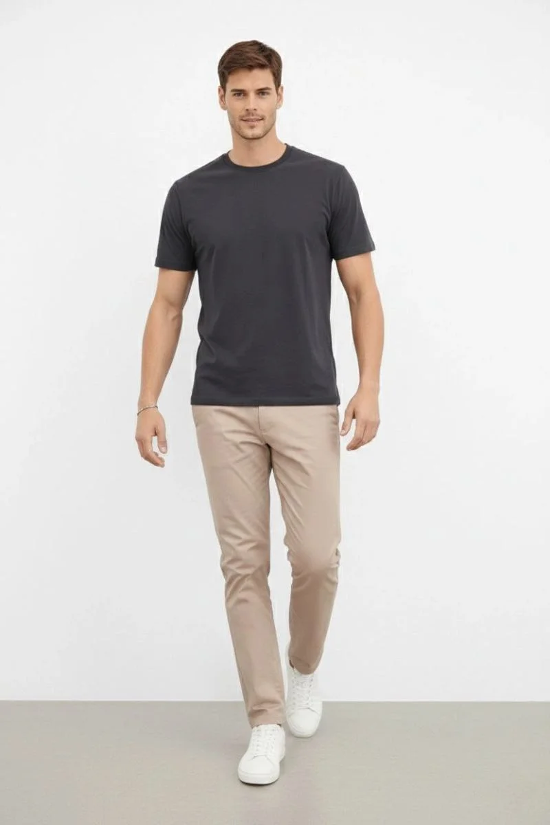 Erkek Bisiklet Yaka Yazlık Kısa kol Düz Tişört Regular Kalıp T-shirt - Füme