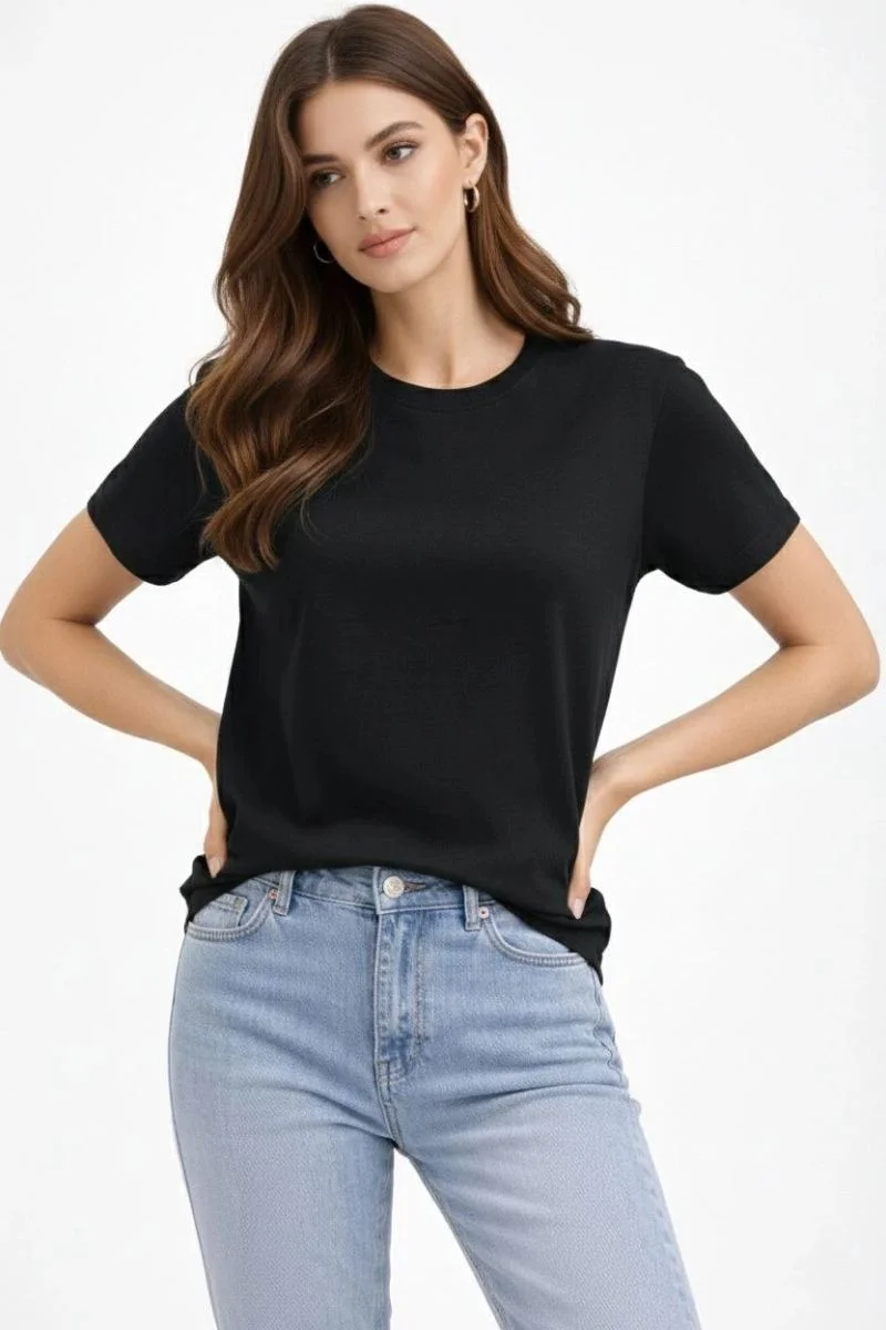 Kadın Bisiklet Yaka Yazlık Kısa kol Düz Tişört Regular Kalıp T-shirt - Siyah