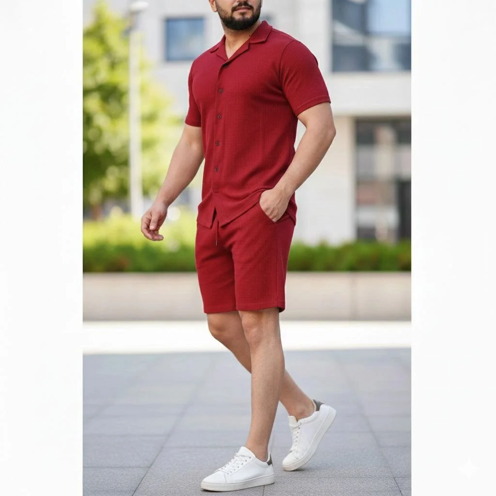 Erkek Waffle Kumaş Kısa Kol Gömlek Şort Takım Regular Yazlık İkili Set - Bordo