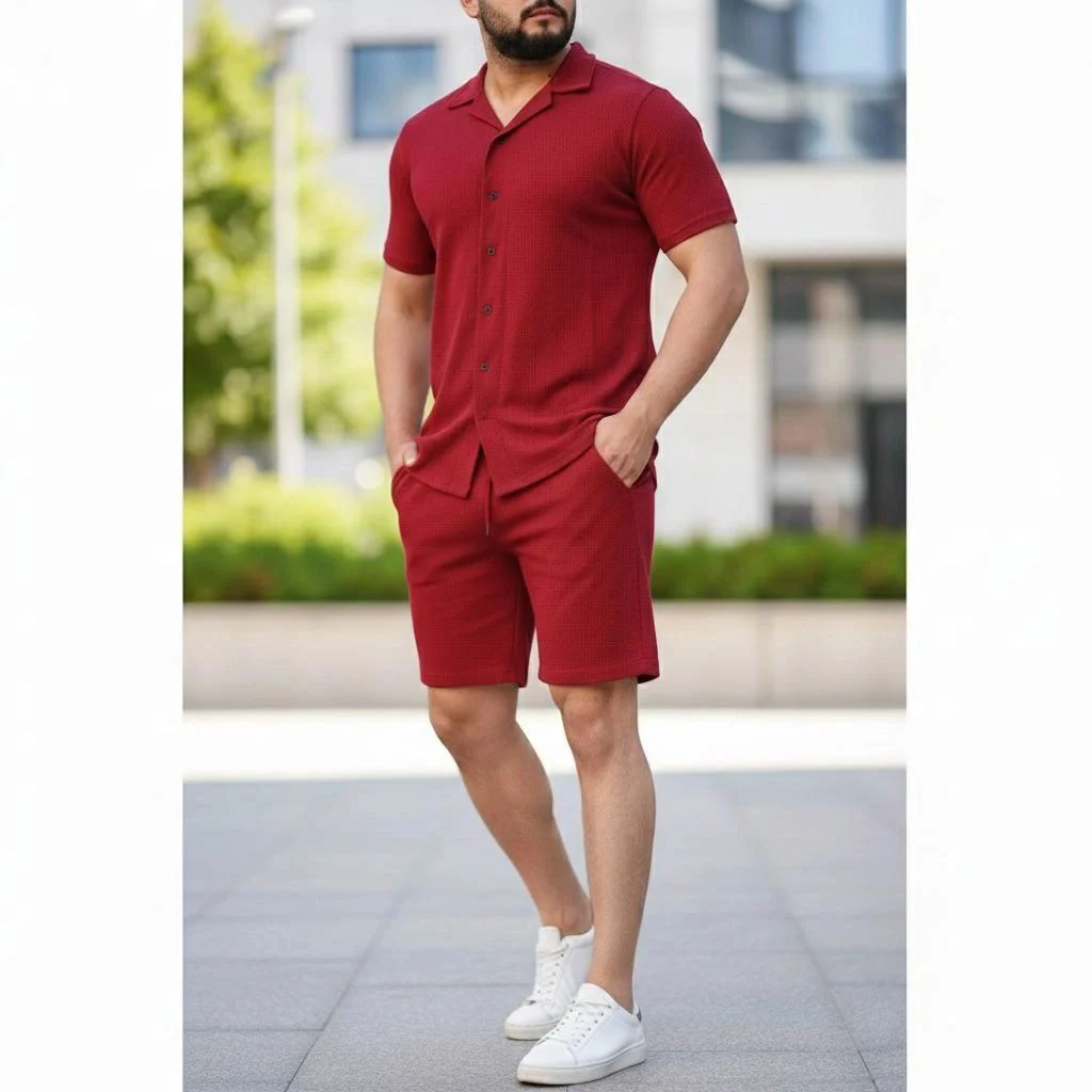 Erkek Waffle Kumaş Kısa Kol Gömlek Şort Takım Regular Yazlık İkili Set - Bordo
