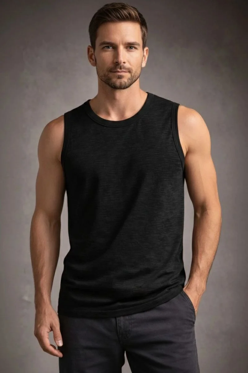 Erkek Flamlı Kumaş Kolsuz Atlet Günlük Fitness Spor T-Shirt - Siyah