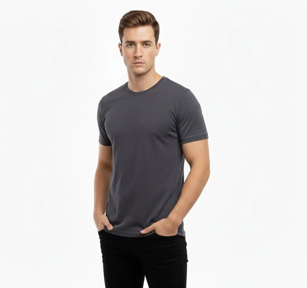 Erkek Bisiklet Yaka Slim Fit dar kesim Likralı Tişört - Füme