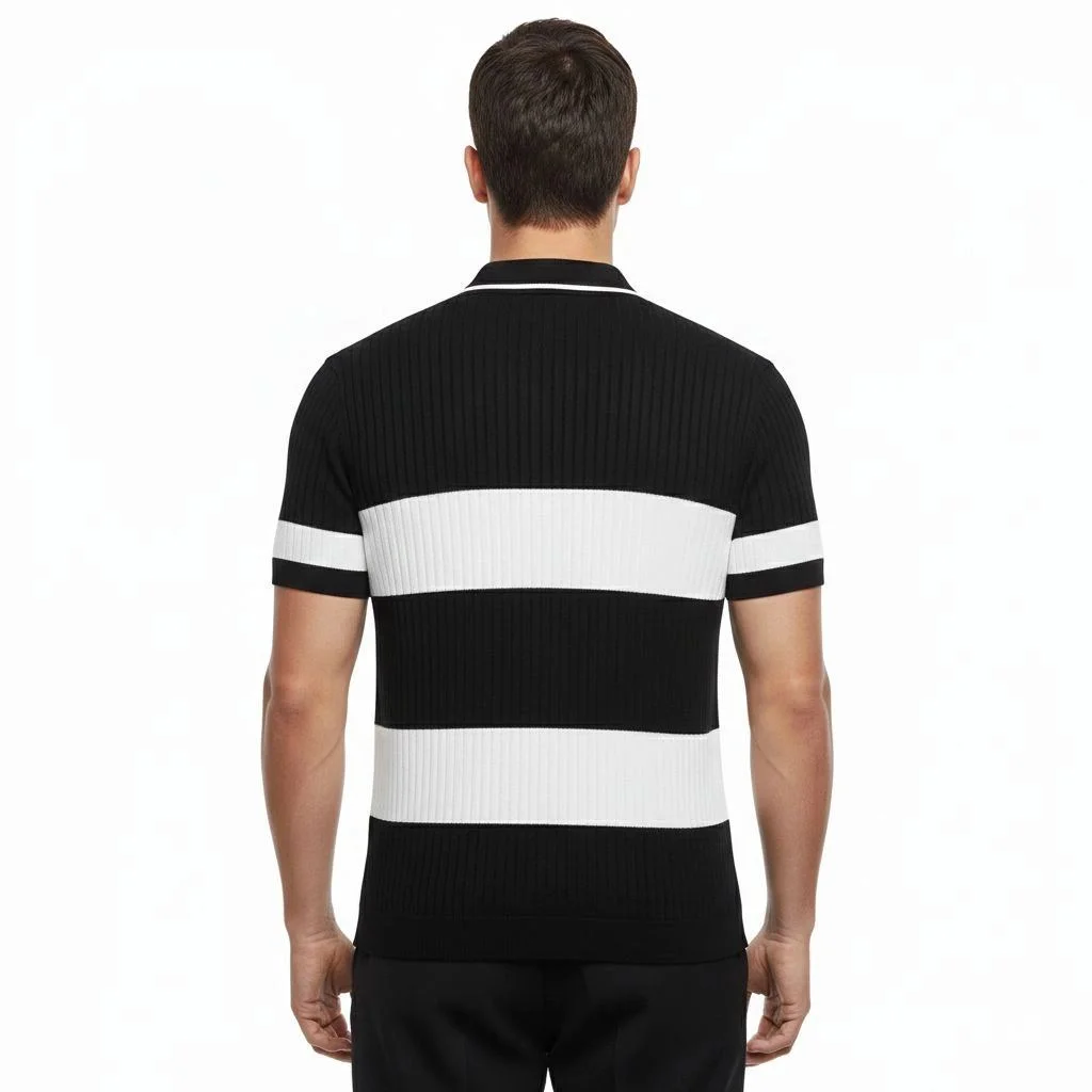 Erkek T-shirt Çizgili Triko Kumaş Polo Yaka Yarım Fermuarlı Kısa Kol Tişört - Siyah