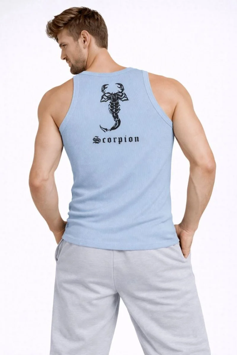 Erkek Spor Slimfit Fitilli Kaşkorse Arka Basklı Atlet 2'li Set Kahverengi-Bebek Mavisi