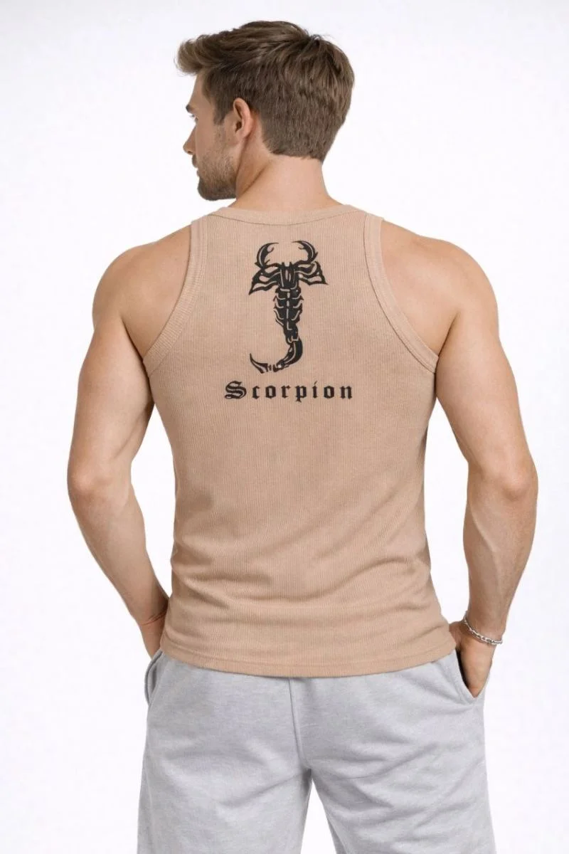 Erkek Spor Slimfit Fitilli Kaşkorse Arka Basklı Atlet 2'li Set Kahverengi-Beyaz