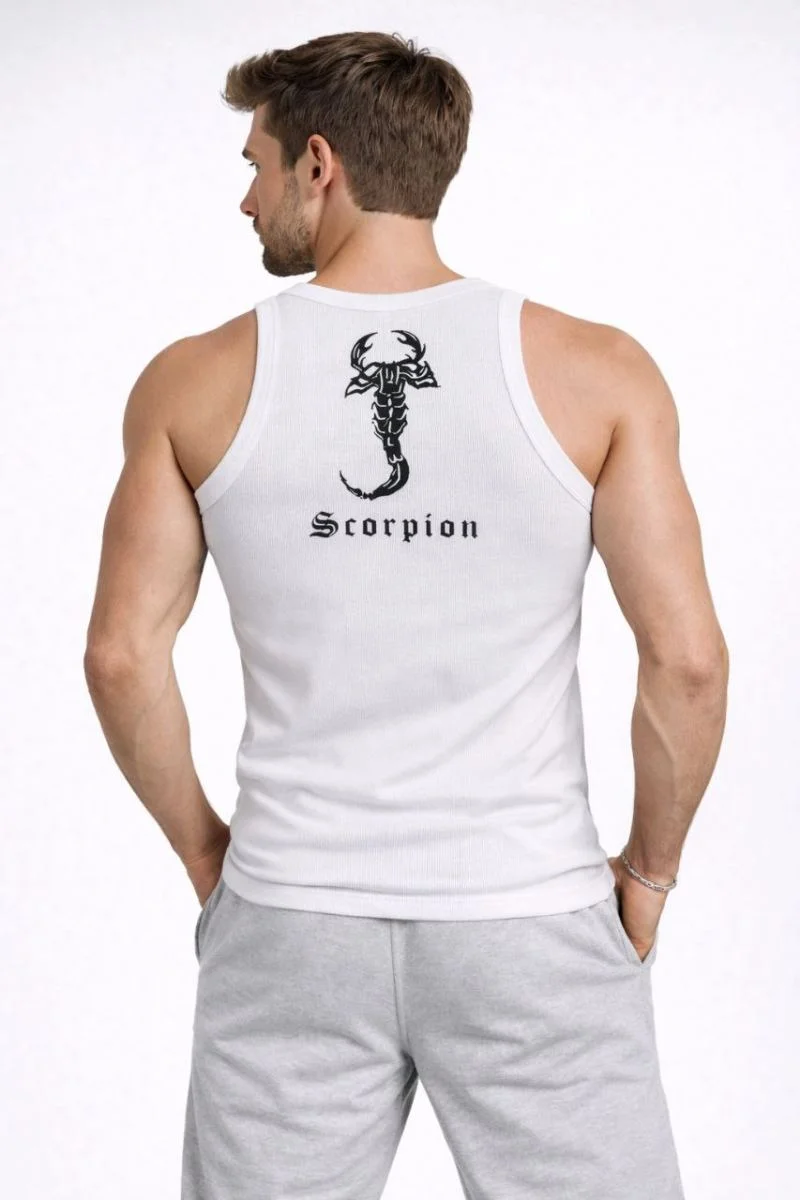 Erkek Spor Slimfit Fitilli Kaşkorse Arka Basklı Atlet 2'li Set Kahverengi-Beyaz