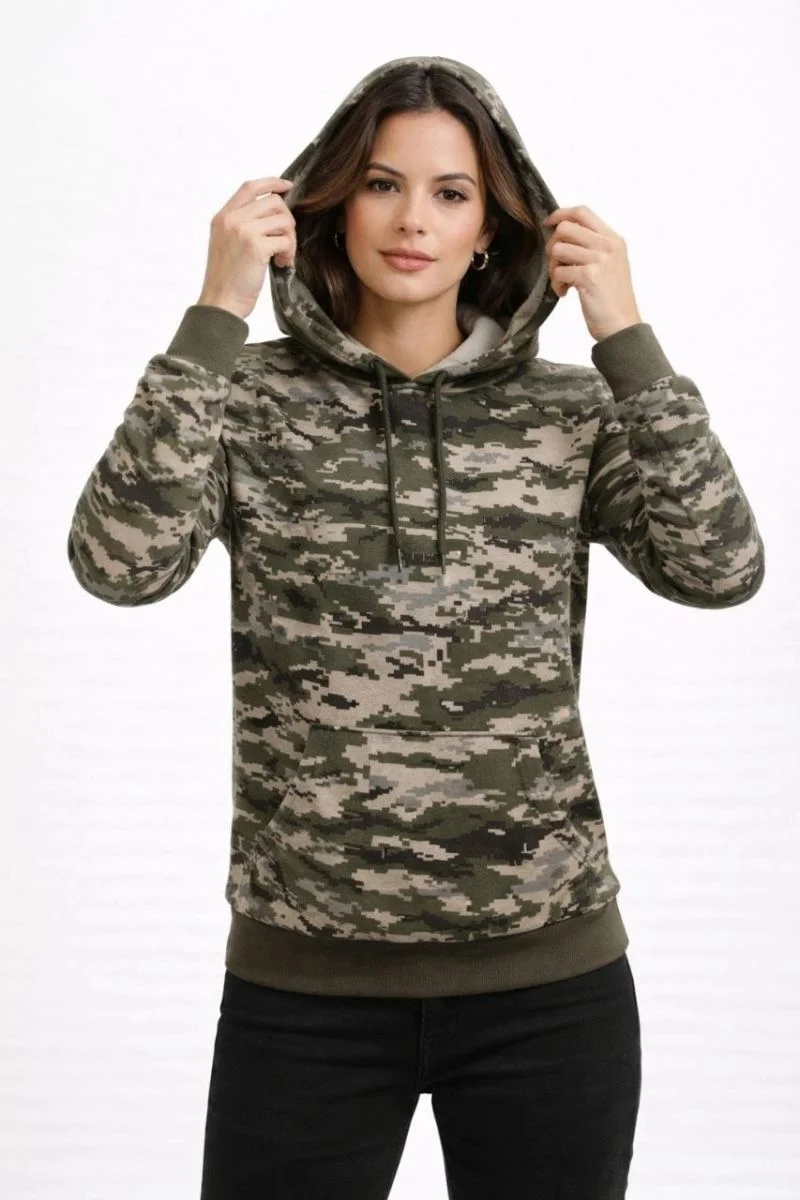 Kadın Kamuflaj Desenli 2 İplik 4 Mevsim Kapüşonlu Kanguru Cepli Hoodie Sweatshirt - Kamuflaj