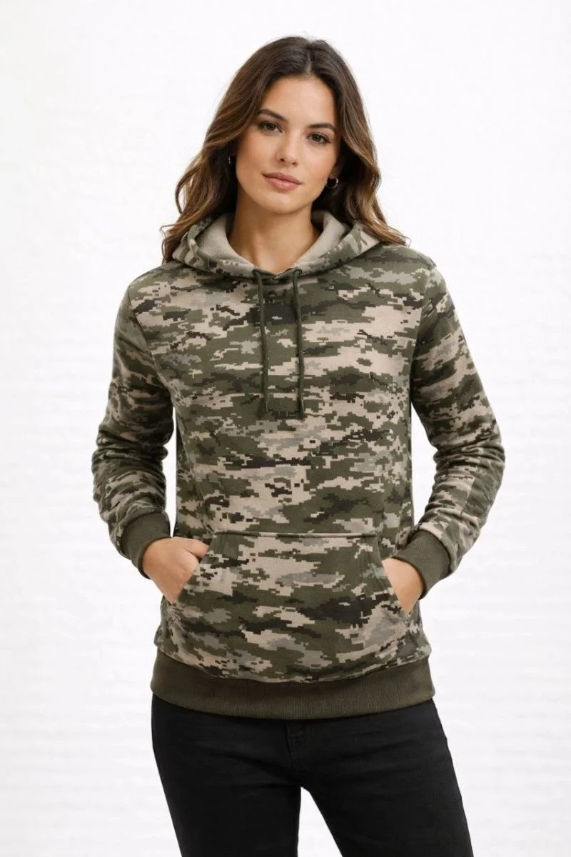 Kadın Kamuflaj Desenli 2 İplik 4 Mevsim Kapüşonlu Kanguru Cepli Hoodie Sweatshirt - Kamuflaj
