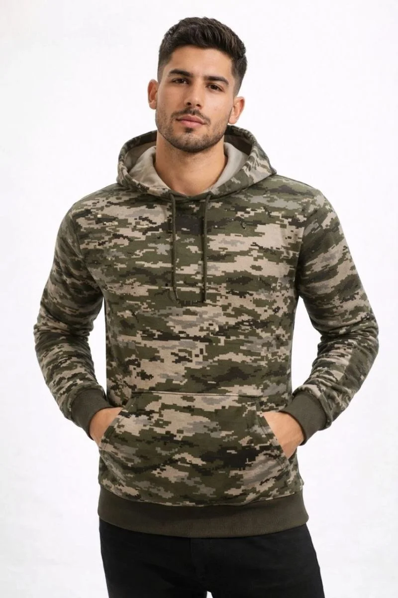 Erkek Kamuflaj Desenli 2 İplik 4 Mevsim Kapüşonlu Kanguru Cepli Hoodie Sweatshirt - Kamuflaj