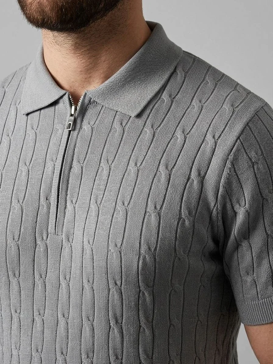 Erkek Yazlık Triko Saç Örgü Tişört Kısa Kol Polo Yaka Fermuarlı T-Shirt - Gri