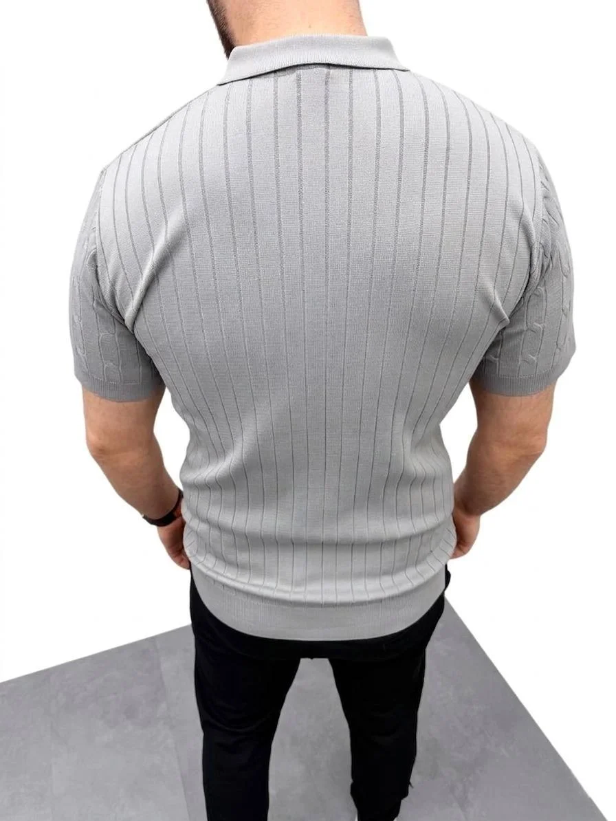 Erkek Yazlık Triko Saç Örgü Tişört Kısa Kol Polo Yaka Fermuarlı T-Shirt - Gri