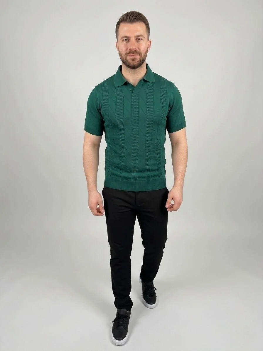 Erkek Yazlık Triko Dokuma Tişört Kısa Kol Polo Yaka T-Shirt - Koyu Yeşil