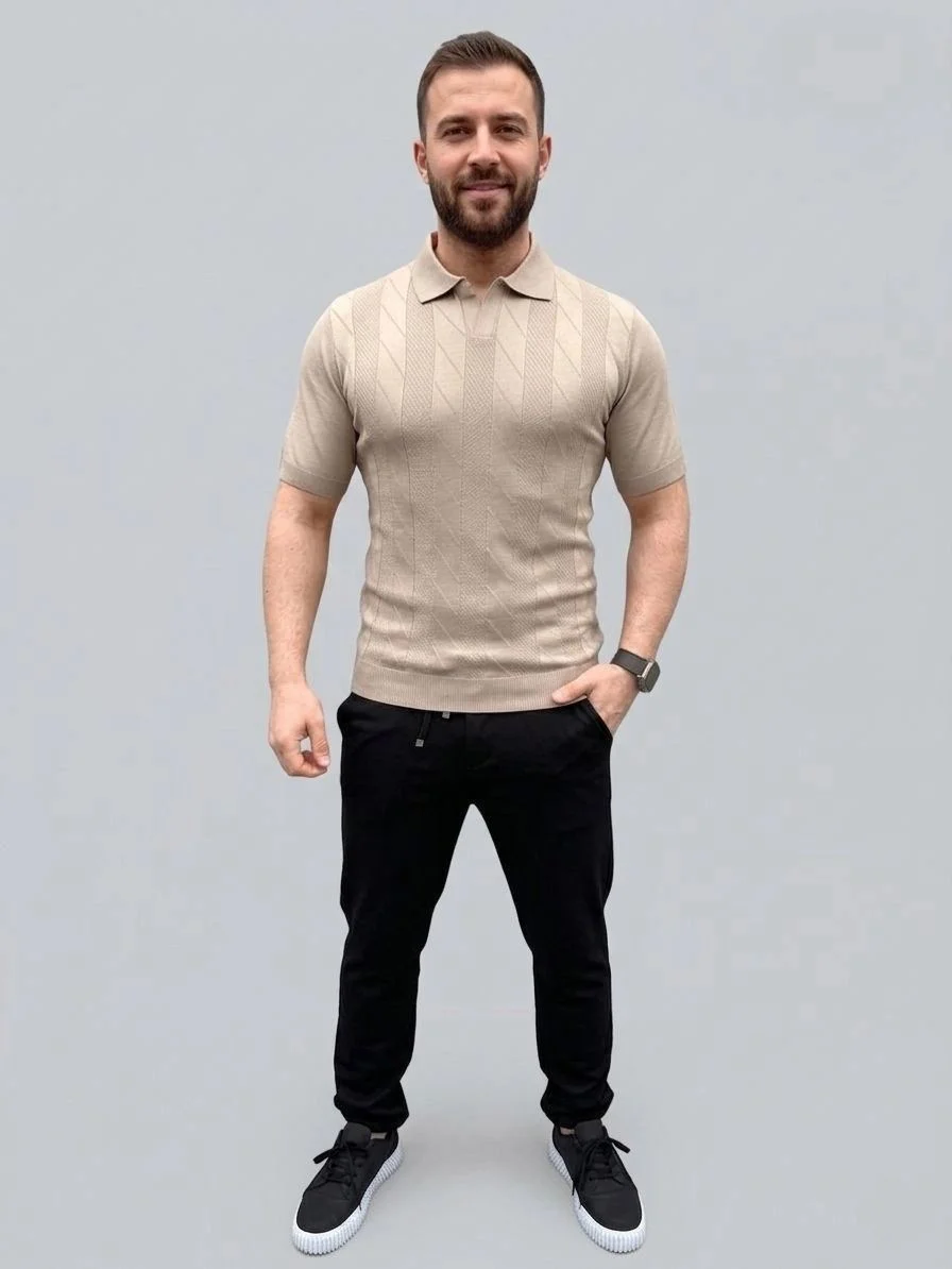 Erkek Yazlık Triko Dokuma Tişört Kısa Kol Polo Yaka T-Shirt - Bej