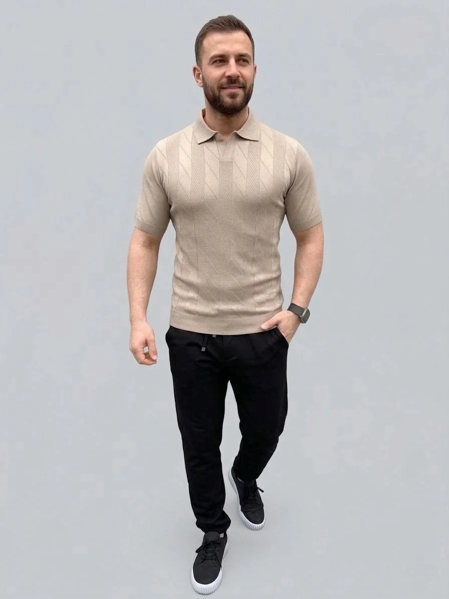 Erkek Yazlık Triko Dokuma Tişört Kısa Kol Polo Yaka T-Shirt - Bej