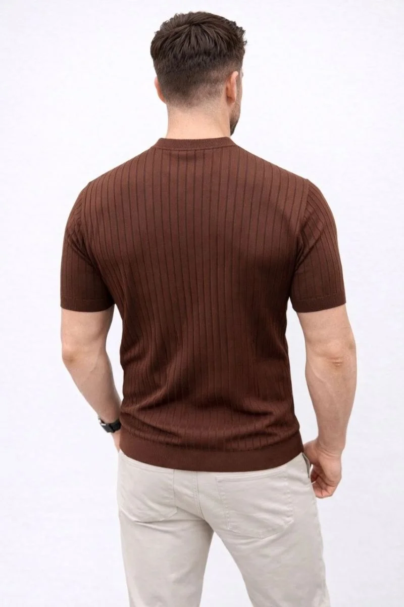 Erkek Kısa Kol Fitilli Triko T-Shirt Yazlık Hakim Yaka Tişört - Kahverengi