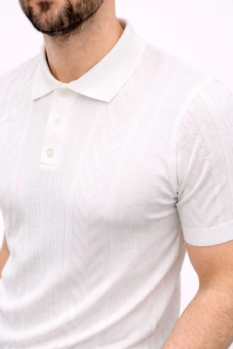 Erkek Yazlık Triko Tişört Kısa Kol Polo Yaka Düğmeli T-Shirt - Beyaz
