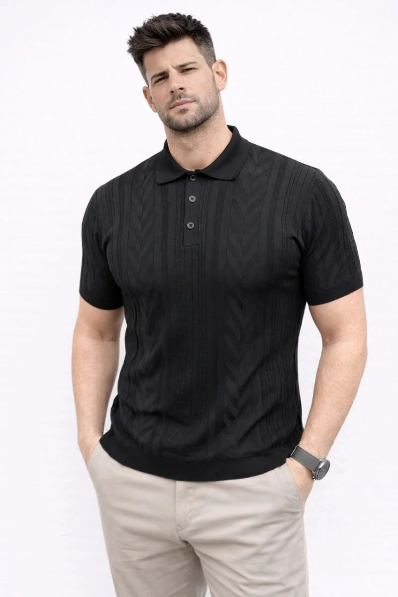 Erkek Yazlık Triko Tişört Kısa Kol Polo Yaka Düğmeli T-Shirt - Siyah