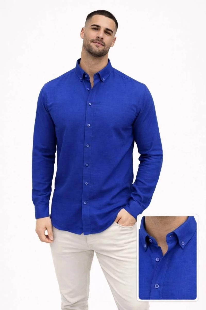 Erkek KETEN Kumaş Oversize Uzun Kollu Rahat Kalıp Gömlek - Saks Mavisi