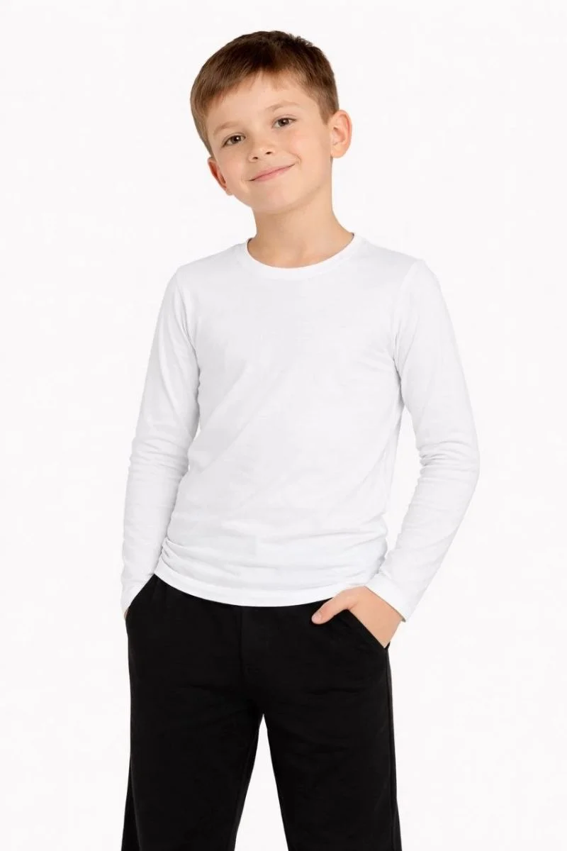 Erkek Çocuk Basic Uzun Kollu Tişört Okul Günlük Rahat T-Shirt - Beyaz