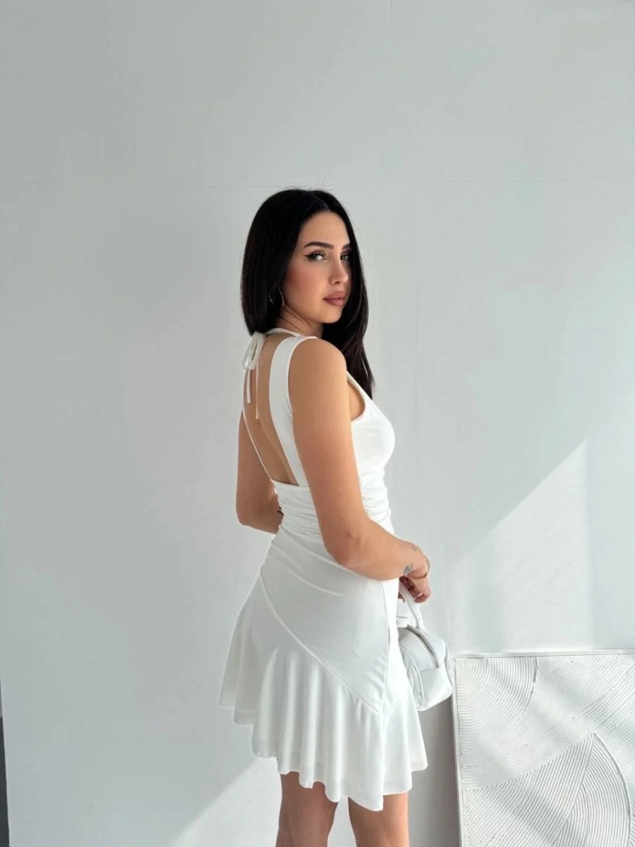 Kadın Derin V Yaka Sırt Dekolteli Mini Elbise Drapeli Şık Kolsuz - Beyaz