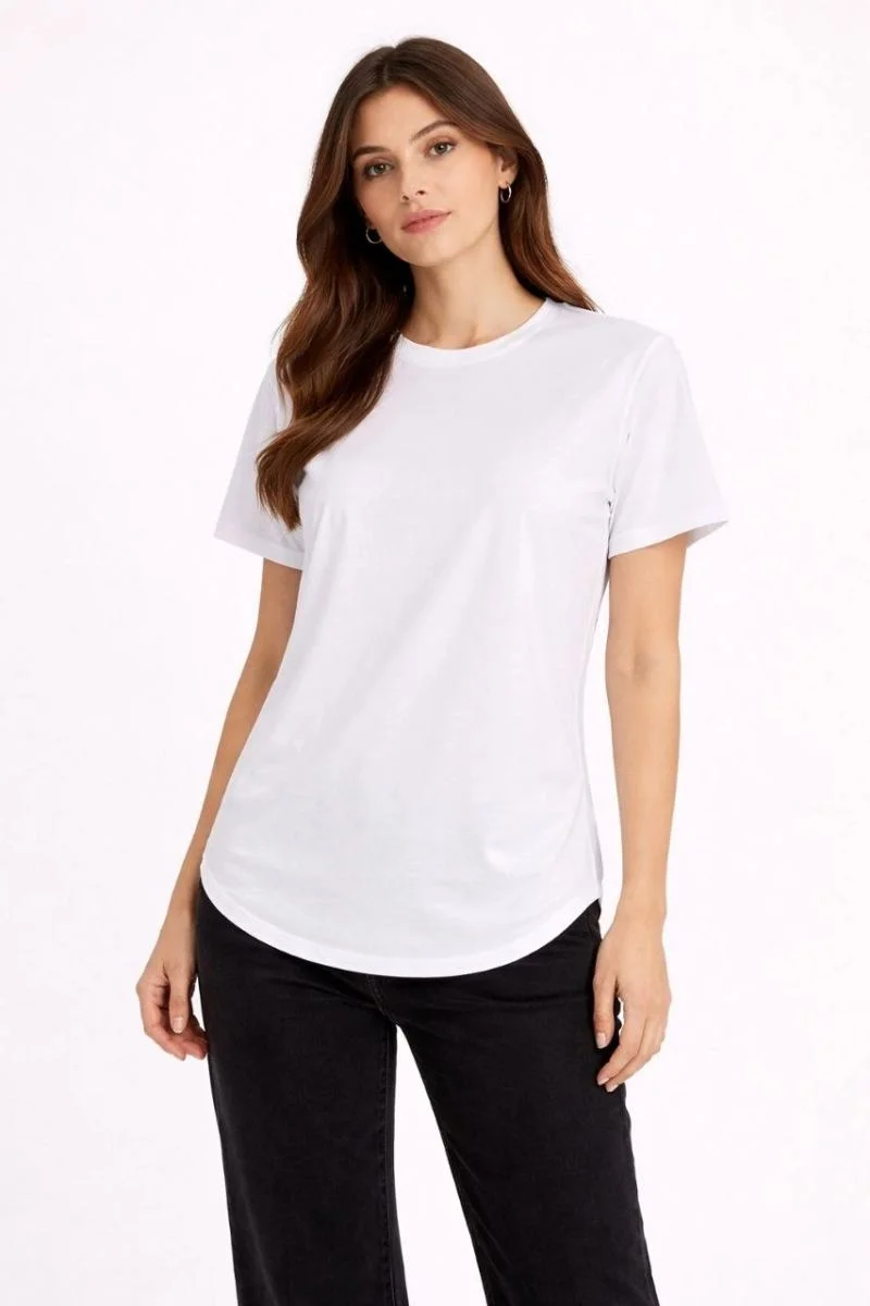 Kadın Basic T-Shirt Kısa Kol Bisiklet Yaka Oval Kesim Tişört - Beyaz