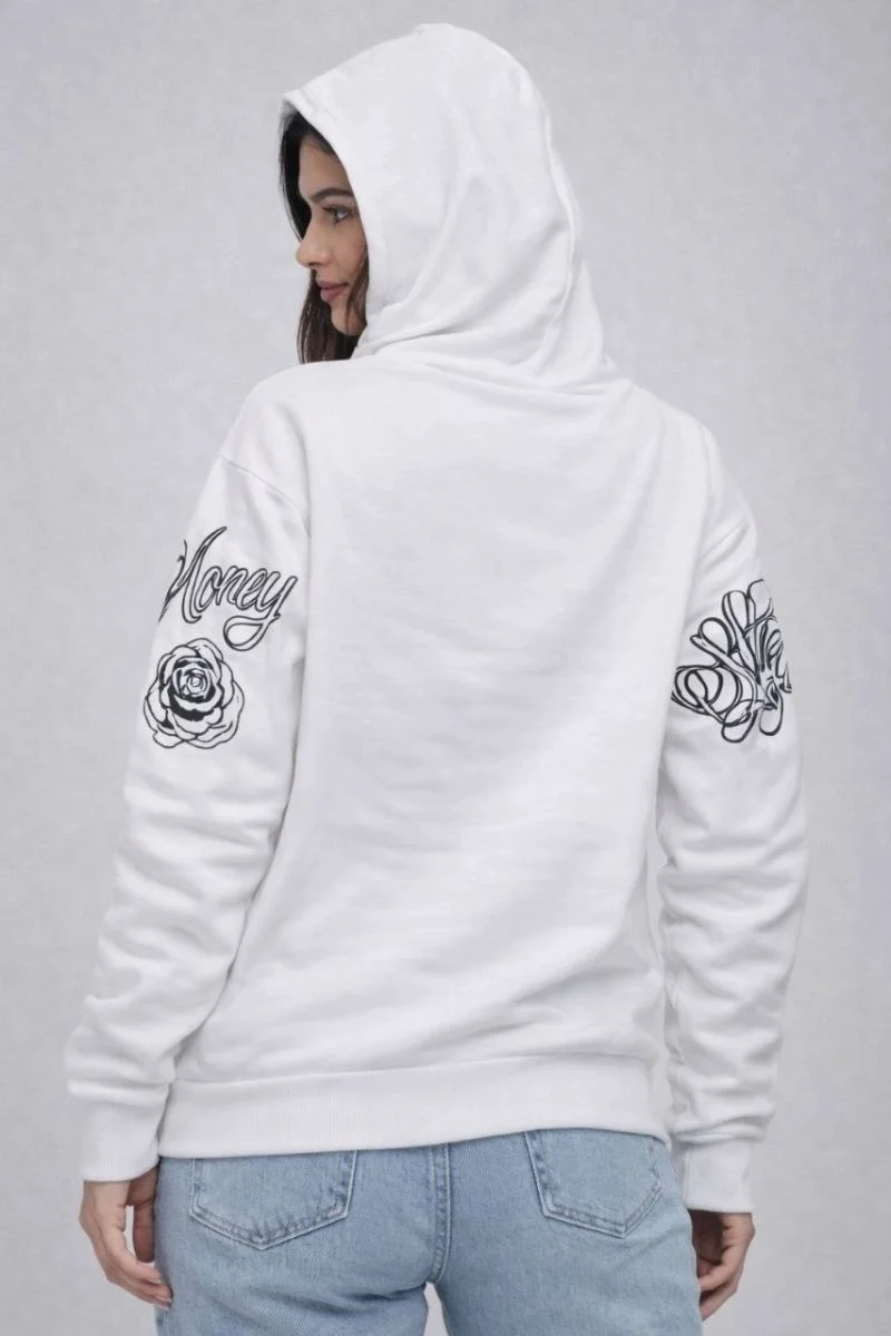 Kadın 3 İplik Pamuklu Kapüşonlu Baskılı SweatShirt hoodie - Beyaz