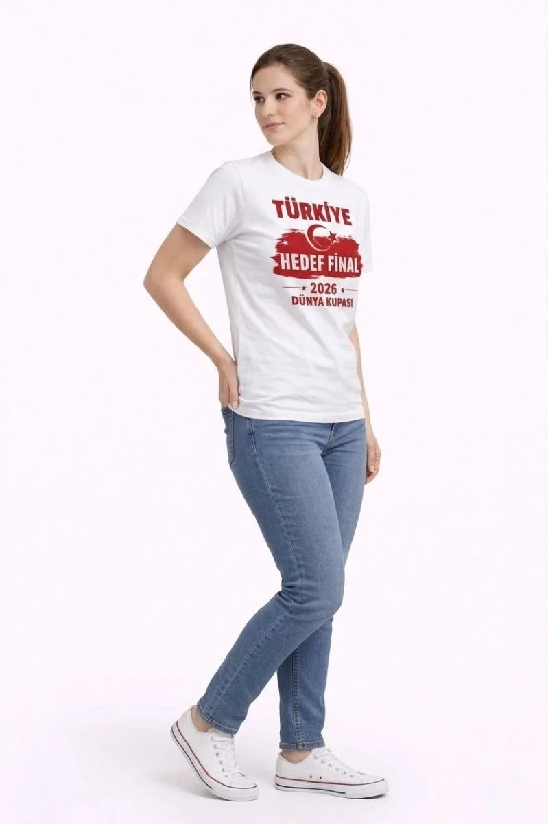 Kadın TÜRKİYE Baskılı Tişört Ay Yıldız 2026 Dünya Kupası Taraftar Forma T-Shirt - Beyaz