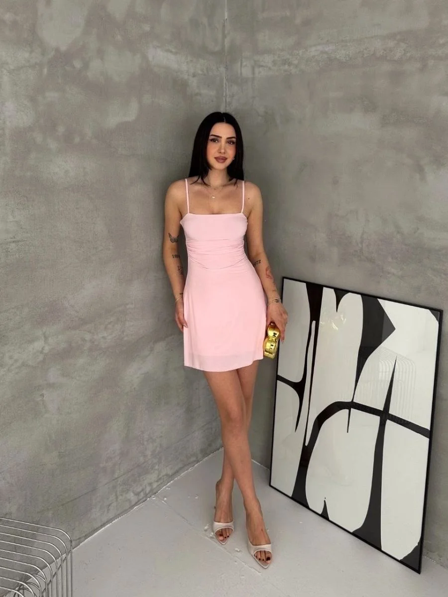 Kadın Askılı Şifon Mini Elbise Drapeli Bel Vücuda Oturan Yazlık Şık - Pembe