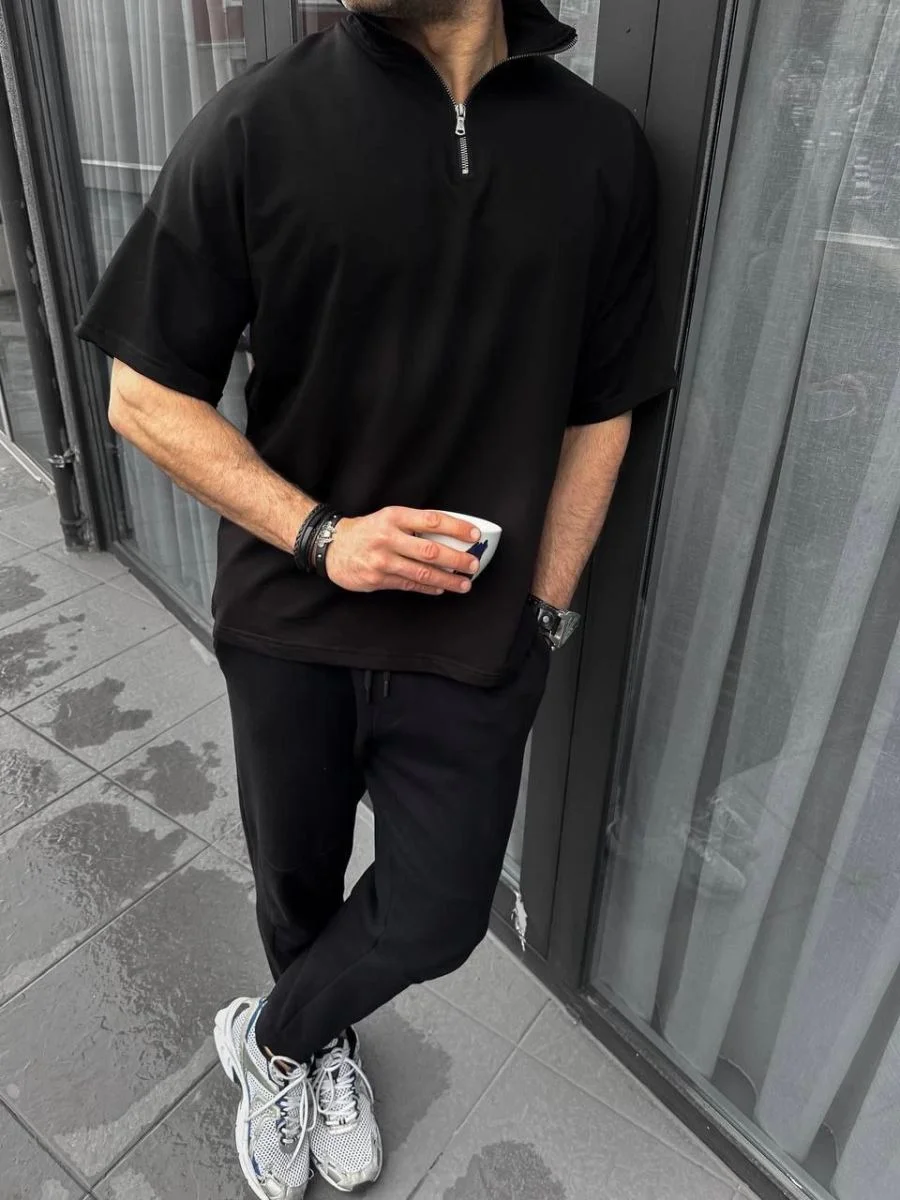 Erkek Yarım Fermuarlı Kısa kol T-Shirt - Siyah