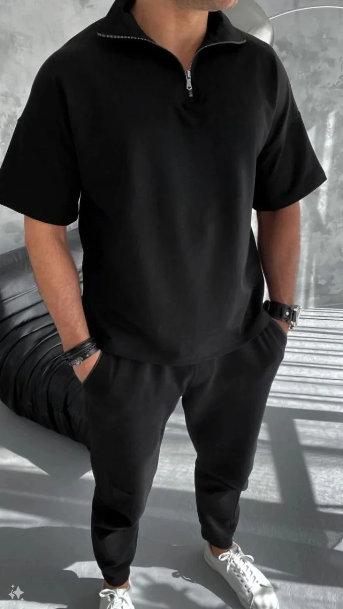 Erkek Yarım Fermuarlı Kısa kol T-Shirt - Siyah
