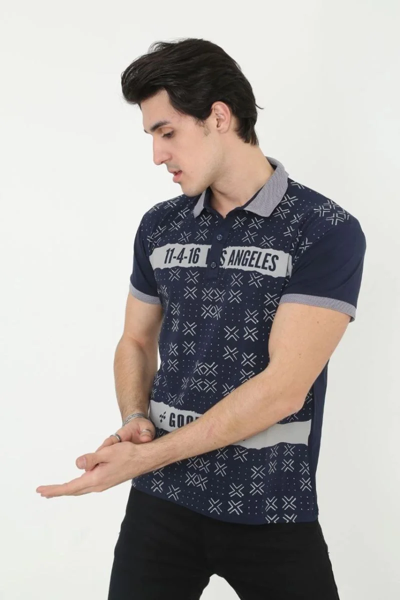 Erkek Polo Yaka  tişört Slim Fit Baskılı Kısa kol T-Shirt - Lacivert