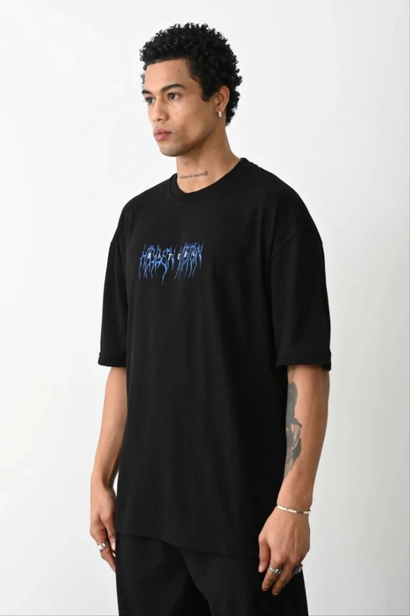 Erkek Baskılı Oversize  Kısa kol T-Shirt - Siyah
