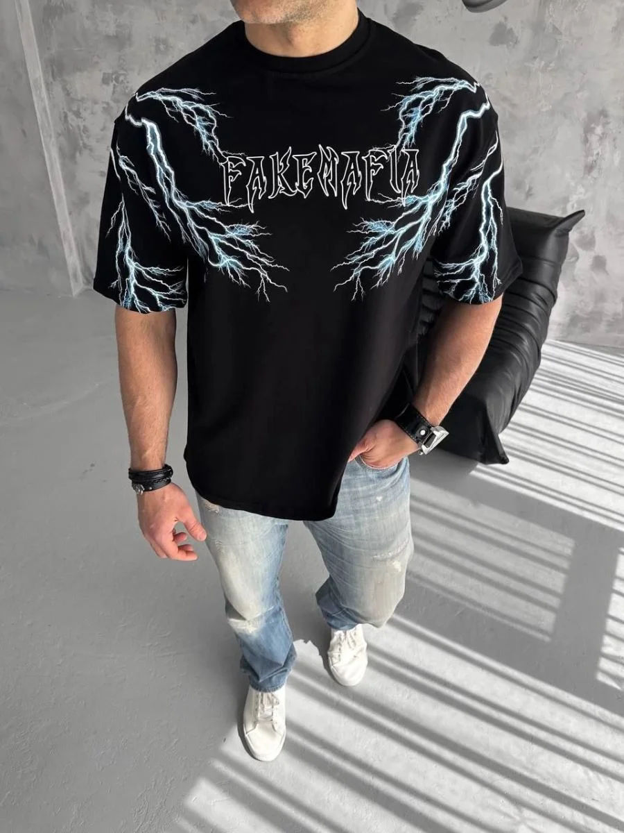 Erkek Bisiklet Yaka Tişört Yıldırım Şimşek Baskılı Kısa Kol T-Shirt -Siyah