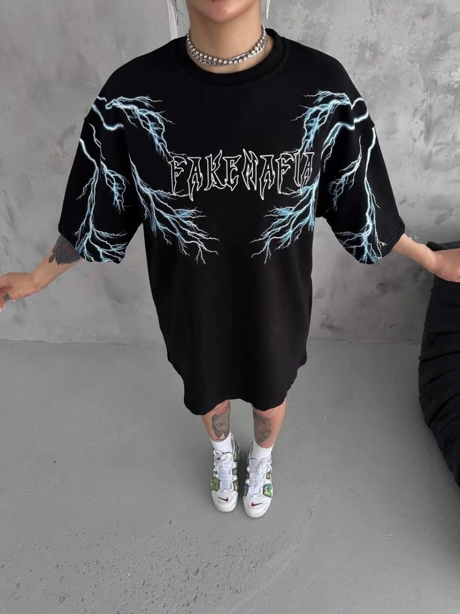 kadın Bisiklet Yaka Baskılı  Kısa kol Oversize T-Shirt - Siyah