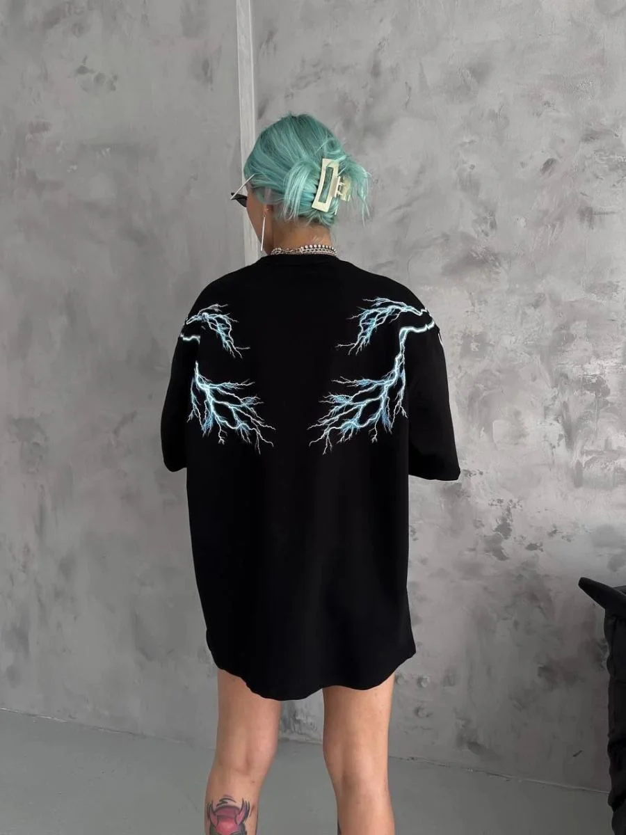 kadın Bisiklet Yaka Baskılı  Kısa kol Oversize T-Shirt - Siyah
