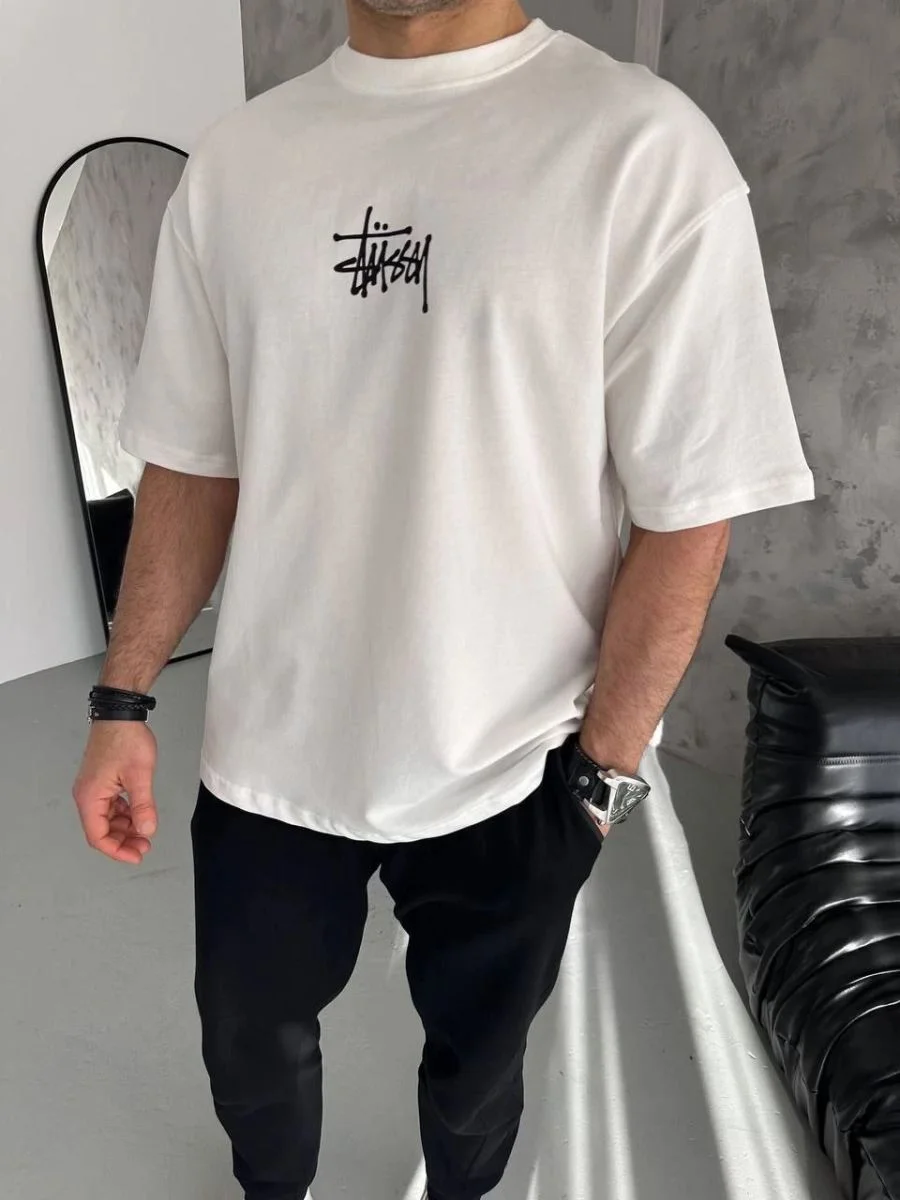 ERKEK Tişört Bisiklet Yaka Baskılı Oversize Kısa kol T-Shirt - Beyaz