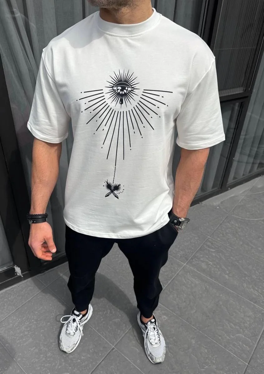 Erkek Kısa Kol Tişört Bisiklet Yaka GÜL Baskılı Oversize T-Shirt - Beyaz
