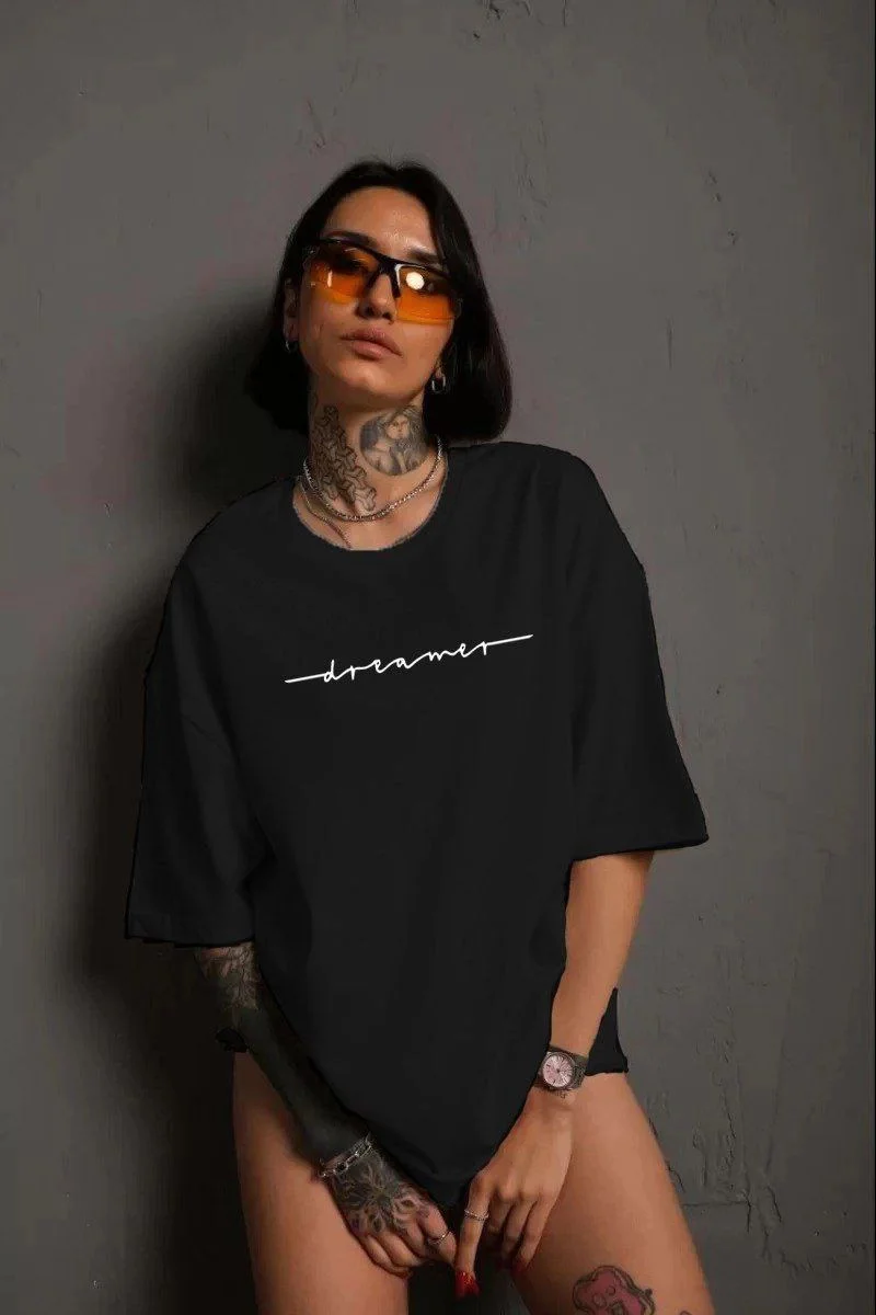 Kadın Bisiklet Yaka Baskılı Kısa kol T-Shirt - Siyah