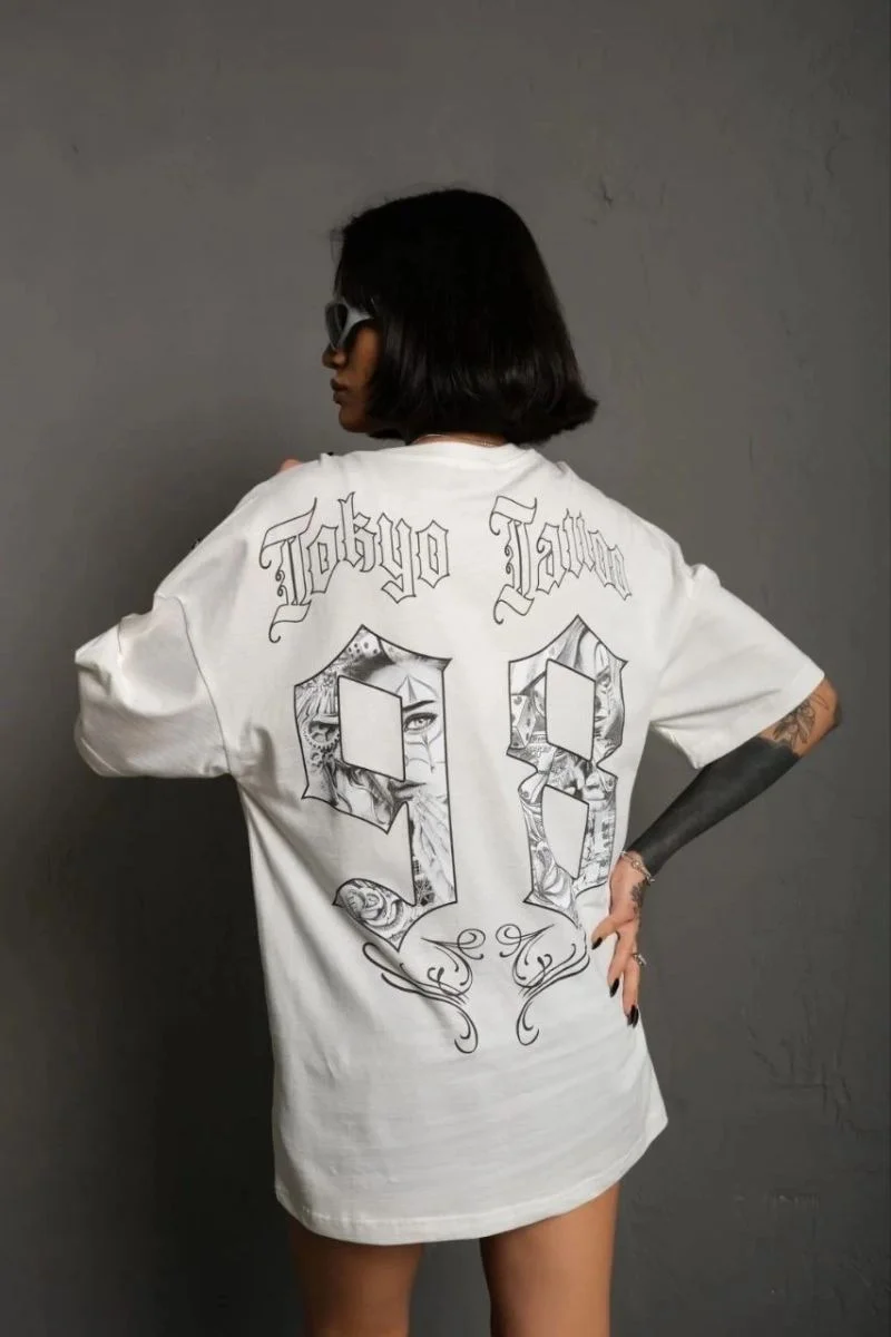 kadın Bisiklet Yaka Baskılı Oversize Kısa kol  T-Shirt - Beyaz
