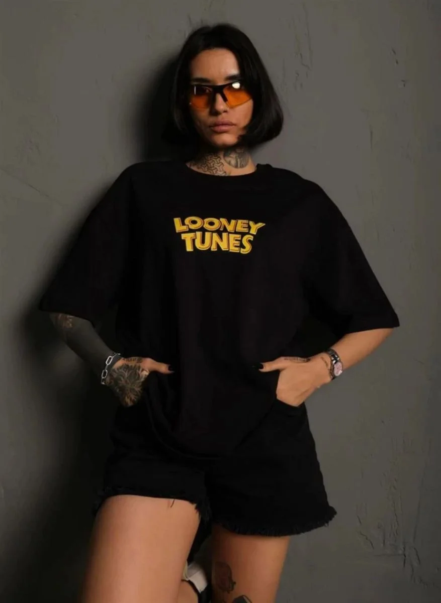 Kadın Bisiklet Yaka Baskılı Oversize  Kısa kol T-Shirt - Siyah