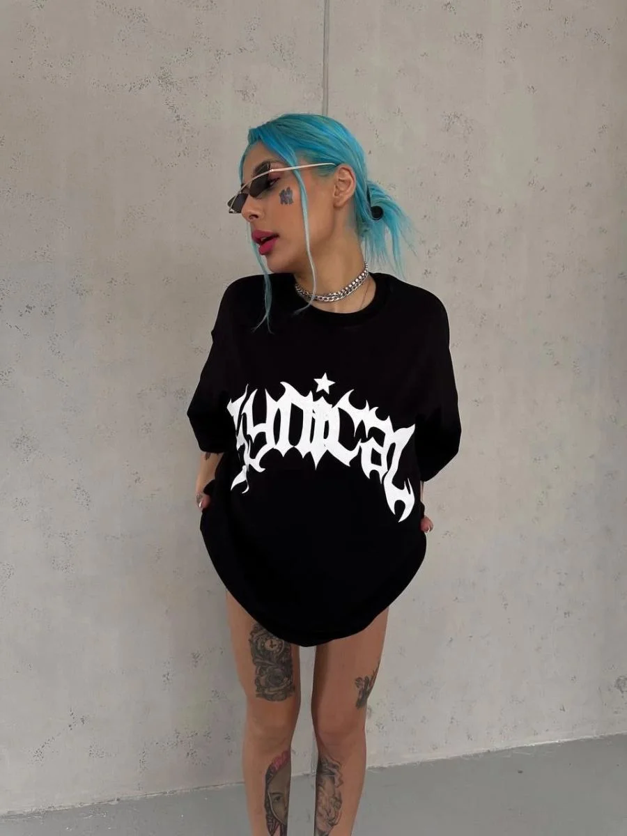 kadın Bisiklet Yaka Baskılı Oversize Kısa kol  T-Shirt - Siyah