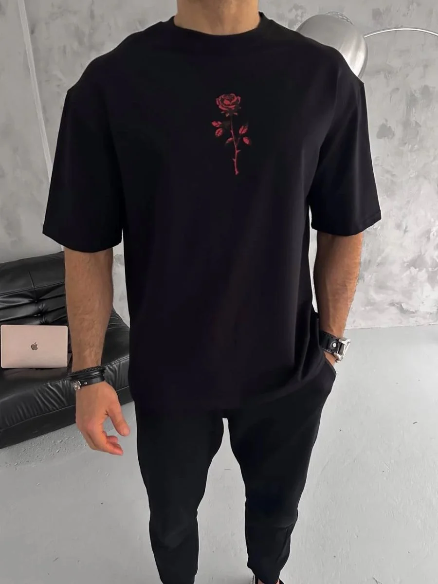 Erkek Bisiklet Yaka Baskılı Oversize  Kısa kol T-Shirt - Siyah